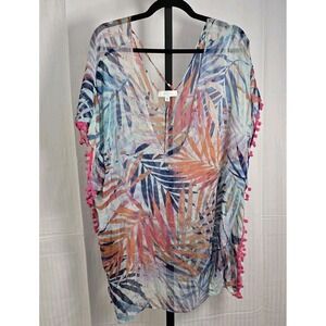 New Directions OS Tropical Print Pom Pom Trimmed Sheer Swim Cover‎ Up Resortwear